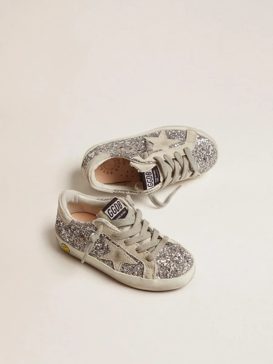 Super-Star Junior con glitter argento e dettagli in suede