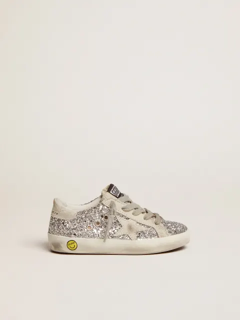 Super-Star Junior con glitter argento e dettagli in suede
