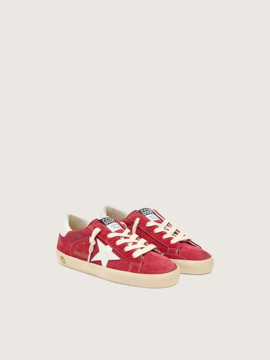 Super-Star Junior in suede rosso con stella e talloncino in pelle bianca