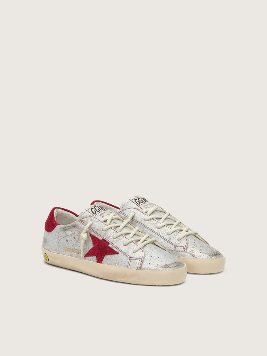 Super-Star junior in pelle laminata argento con stella in suede rosso