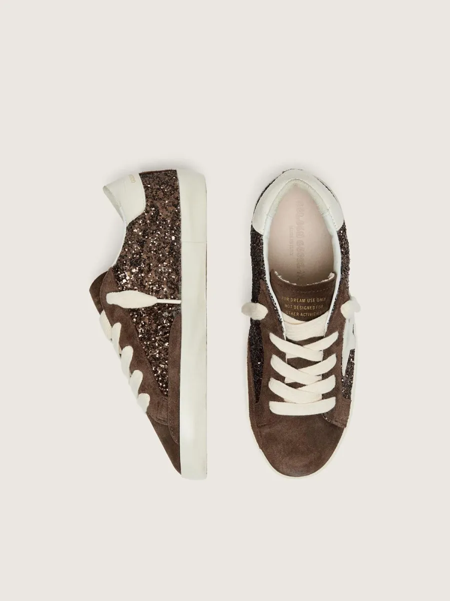 Super-Star junior in suede e glitter marrone con stella in pelle crema