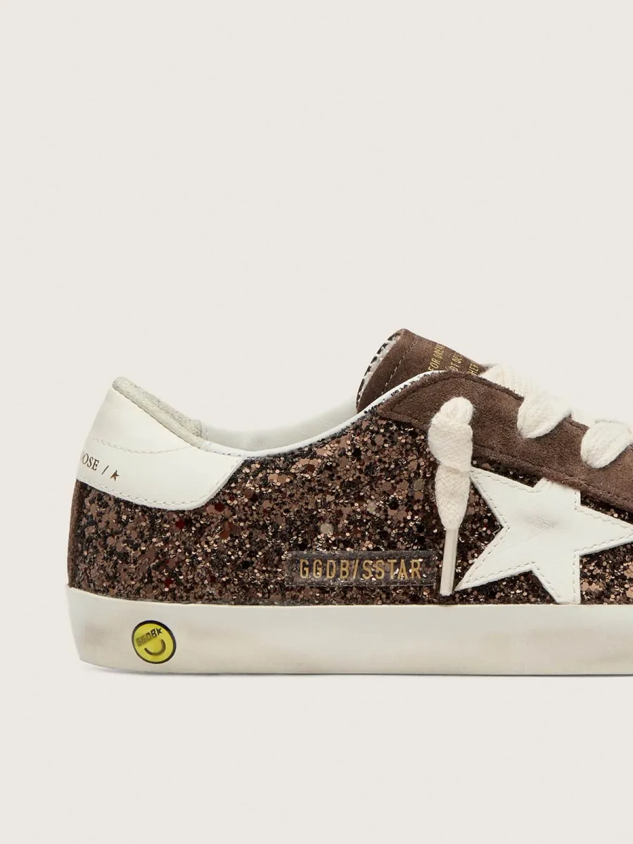 Super-Star junior in suede e glitter marrone con stella in pelle crema