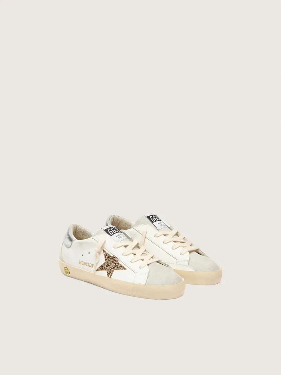 Super-Star Junior con stella in glitter oro e talloncino in pelle laminata argento
