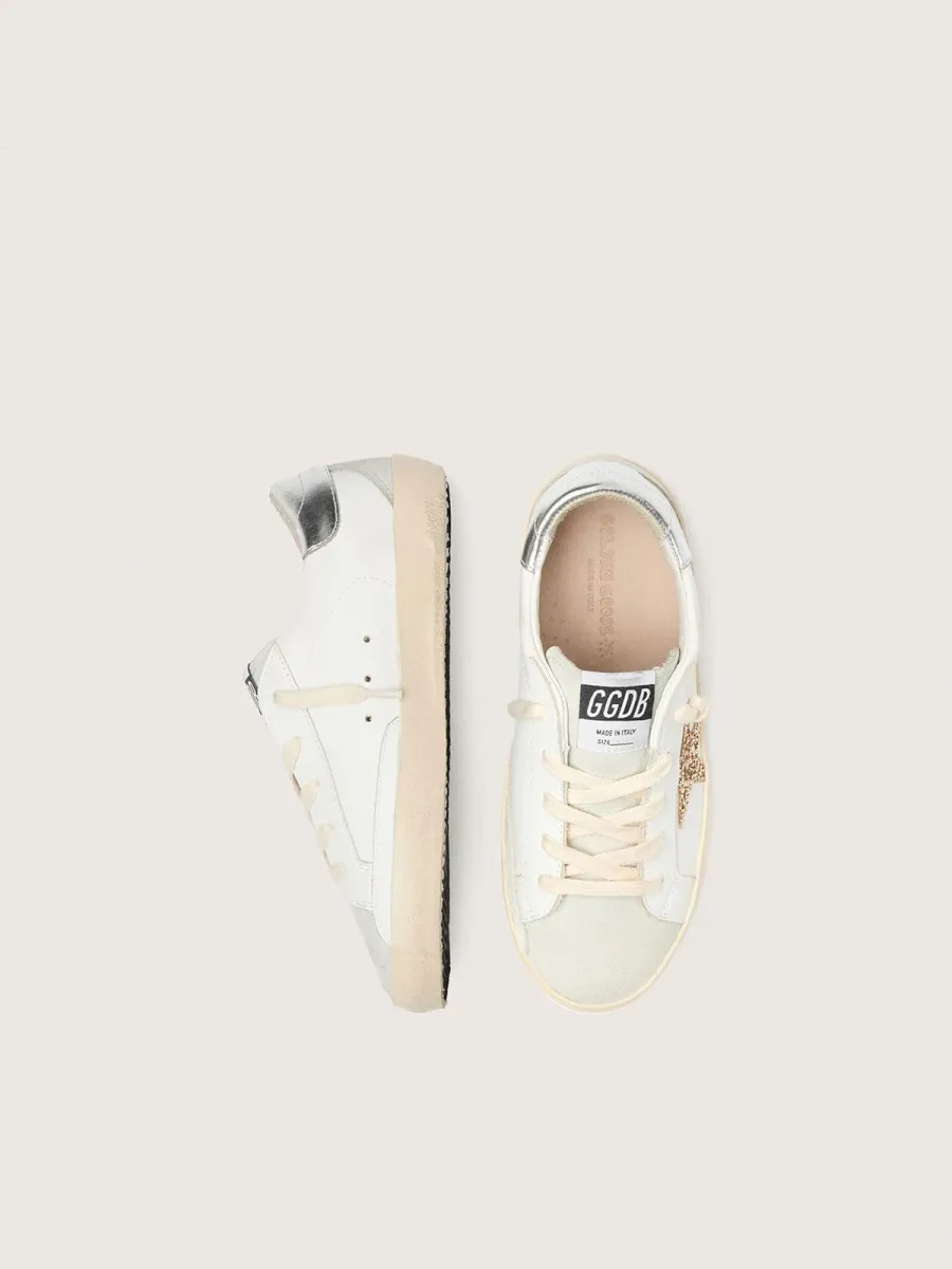 Super-Star Junior con stella in glitter oro e talloncino in pelle laminata argento