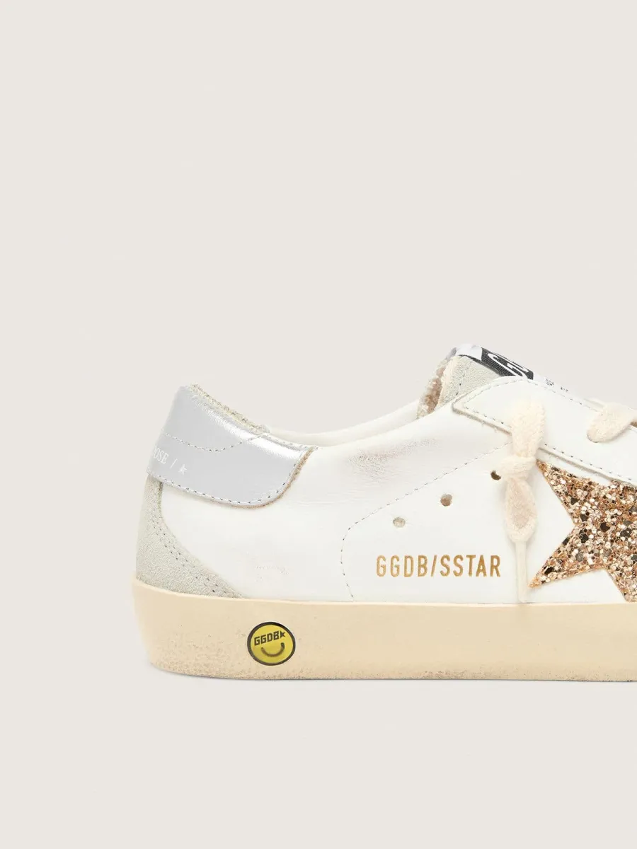 Super-Star Junior con stella in glitter oro e talloncino in pelle laminata argento