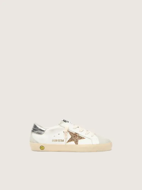 Super-Star Junior con stella in glitter oro e talloncino in pelle laminata argento