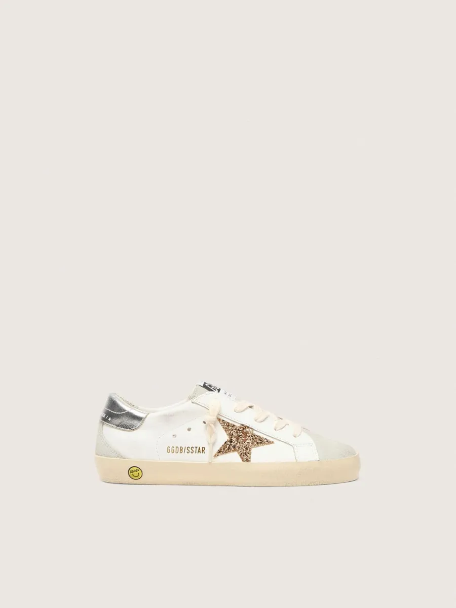 Super-Star Junior con stella in glitter oro e talloncino in pelle laminata argento