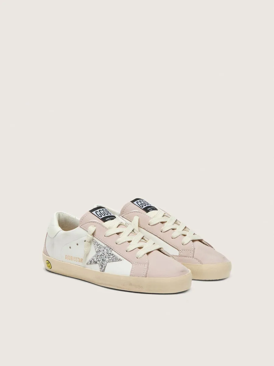 Super-Star junior in pelle bianca e rosa cipria con stella glitter argento