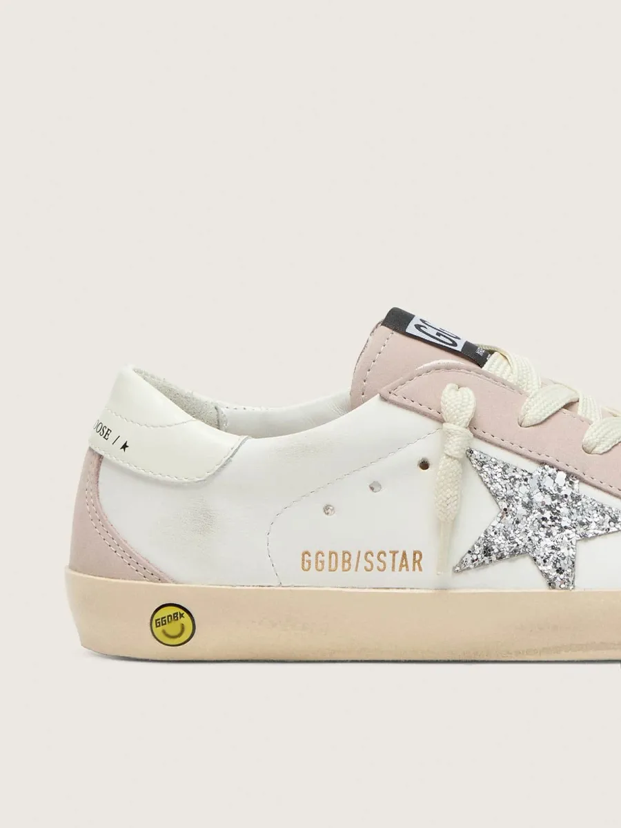 Super-Star junior in pelle bianca e rosa cipria con stella glitter argento