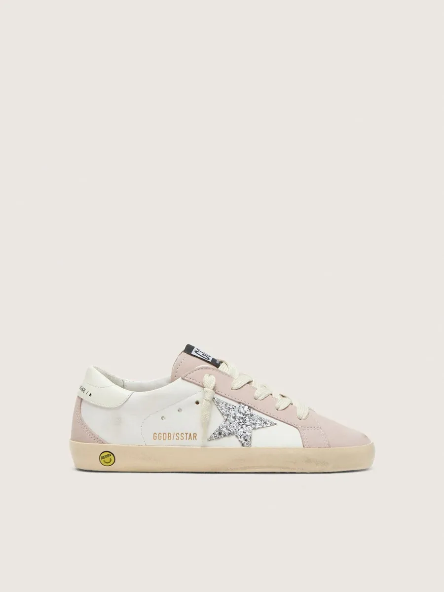 Super-Star junior in pelle bianca e rosa cipria con stella glitter argento