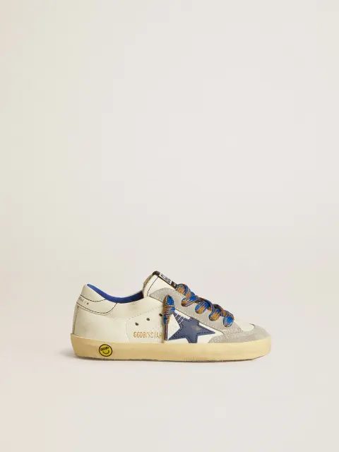 Super-Star Junior con stella in pelle blu e inserti in suede ghiaccio