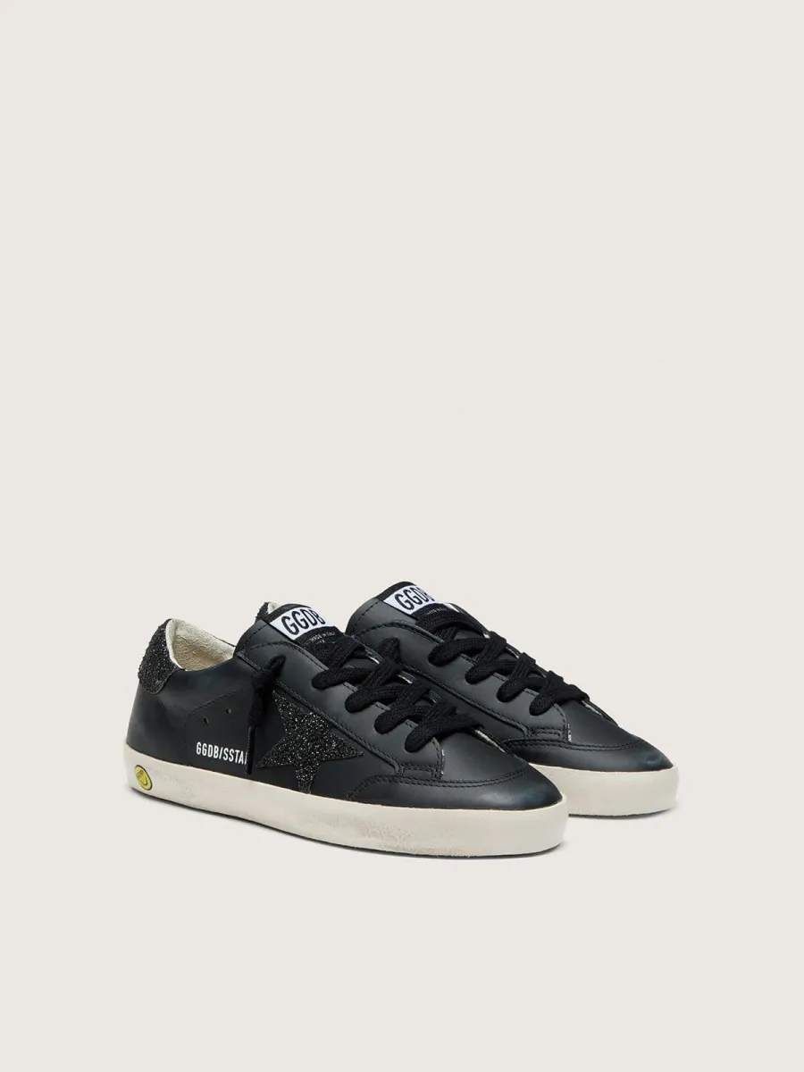Super-Star junior in pelle nera con stella glitter nera