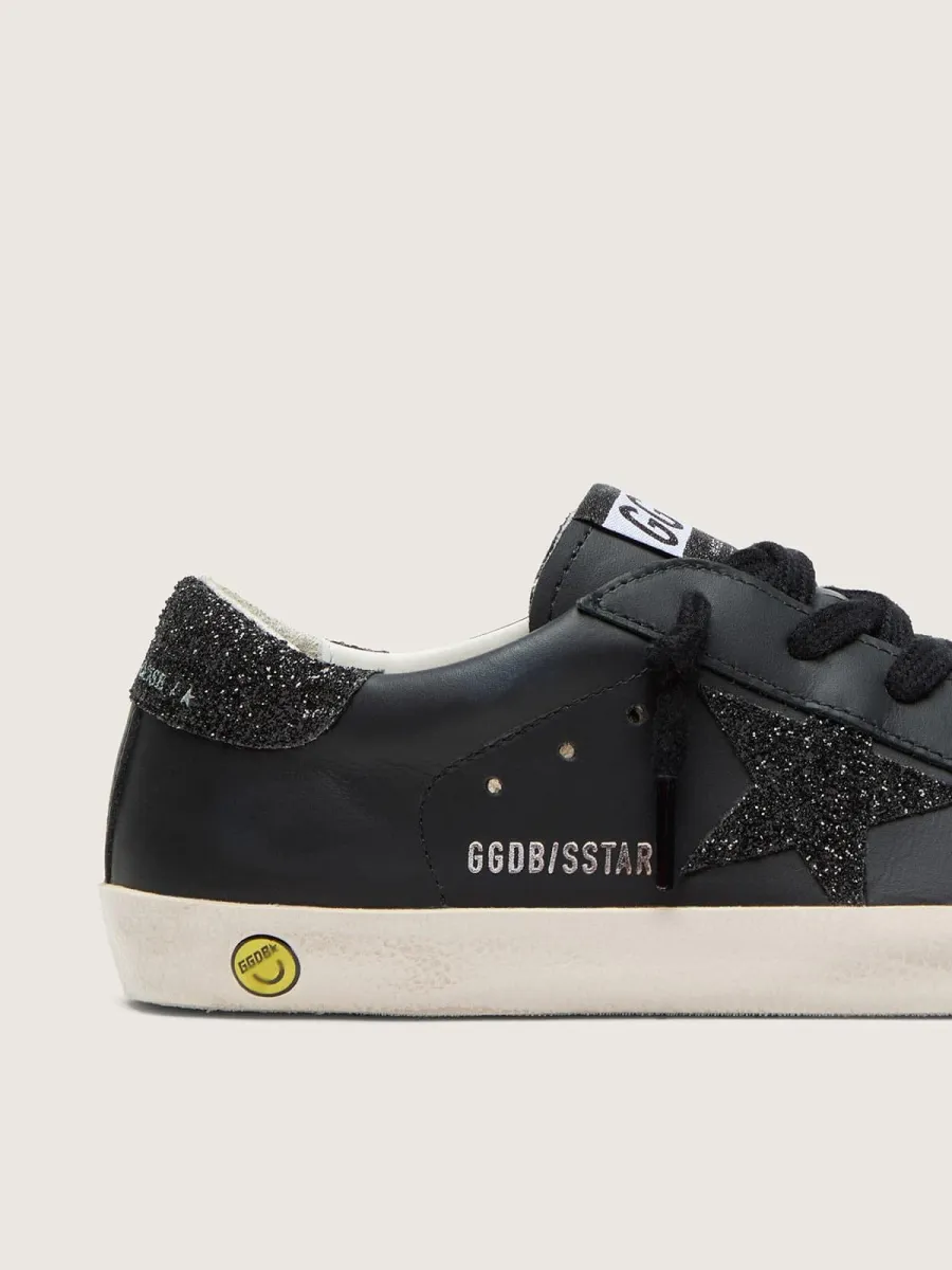 Super-Star junior in pelle nera con stella glitter nera