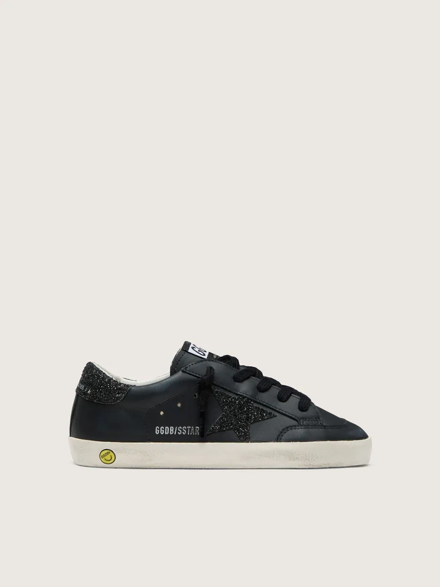 Super-Star junior in pelle nera con stella glitter nera