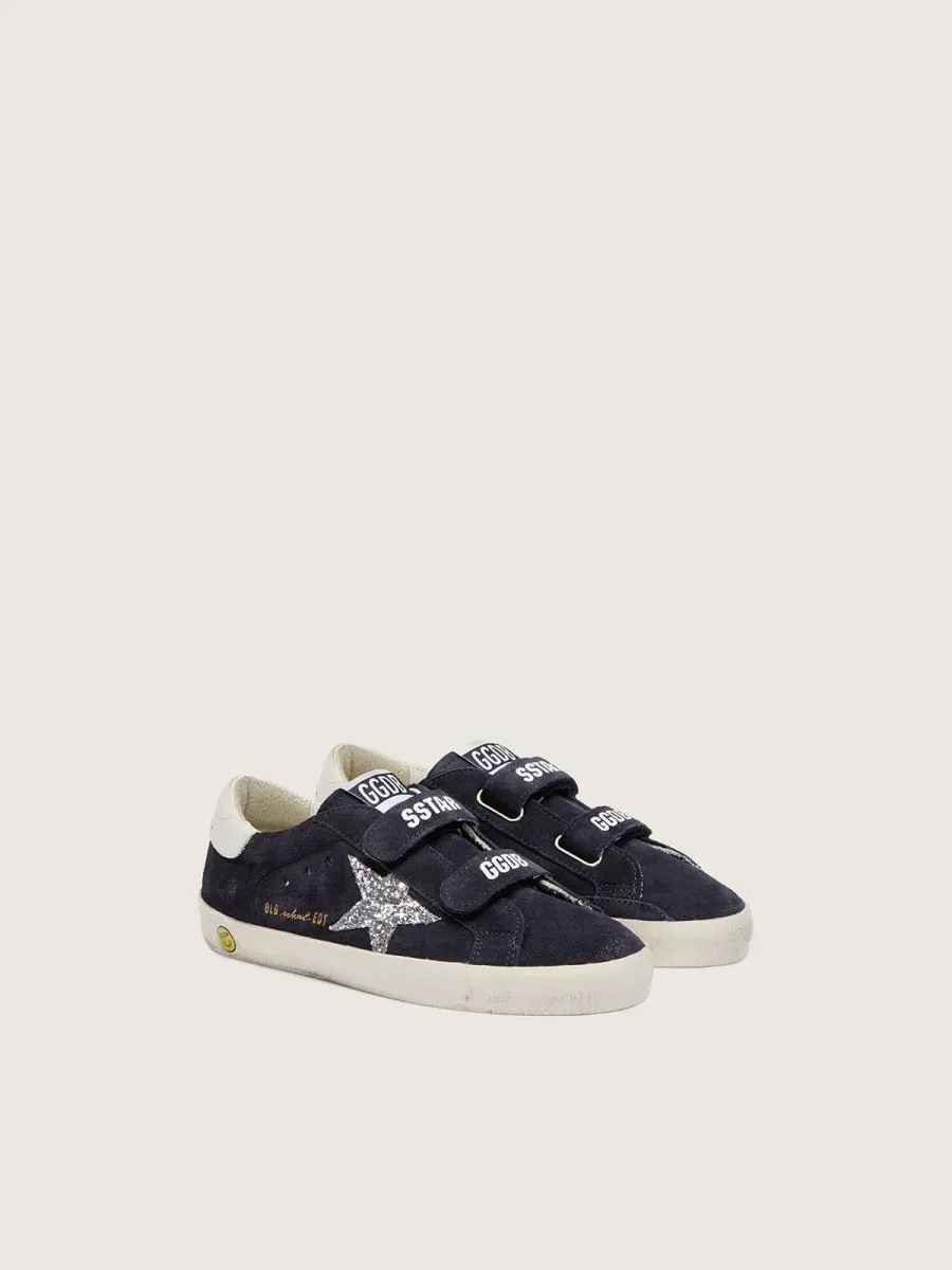 Old School Junior in suede blu con stella in glitter argento e talloncino in pelle bianca