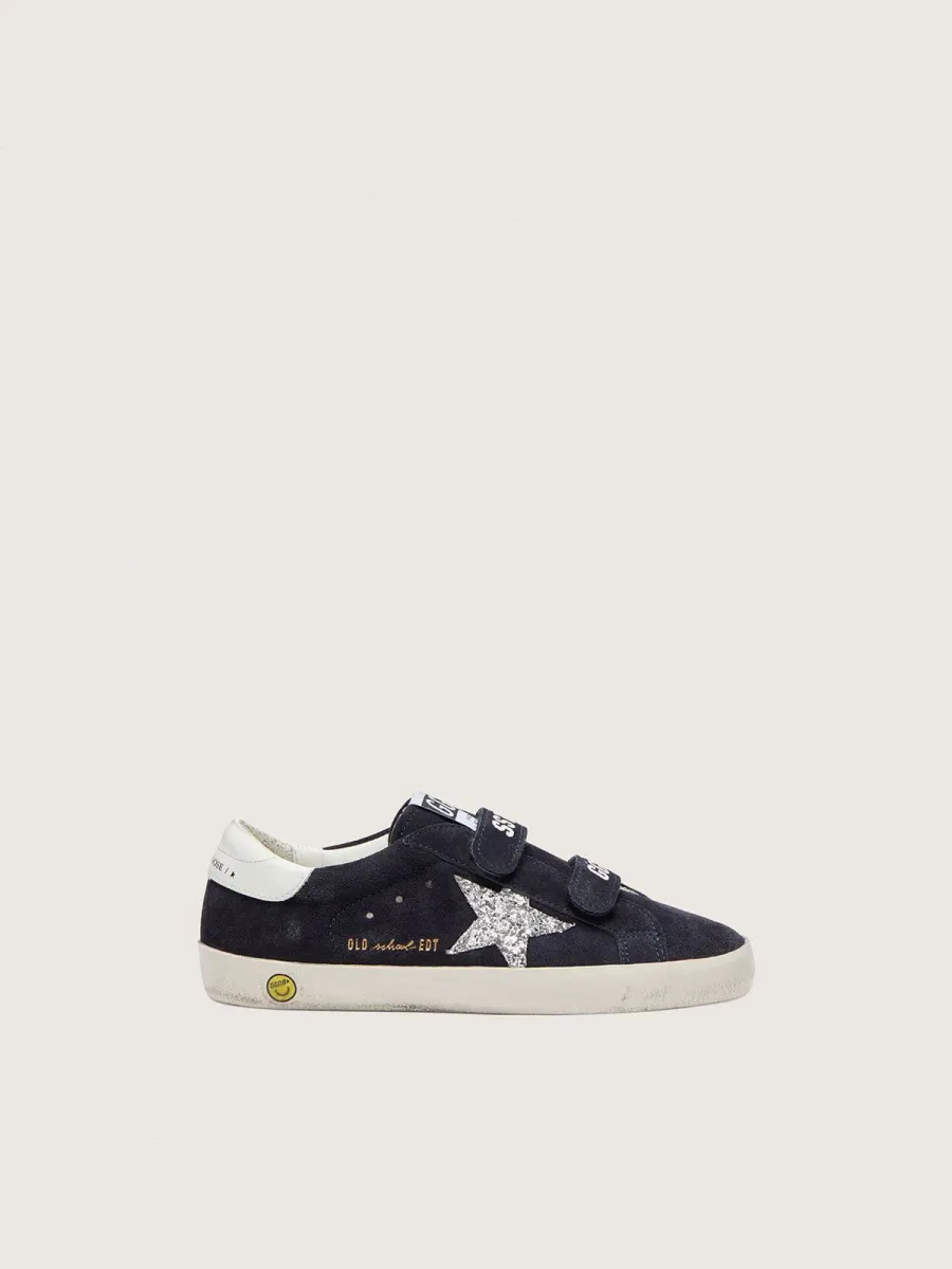 Old School Junior in suede blu con stella in glitter argento e talloncino in pelle bianca