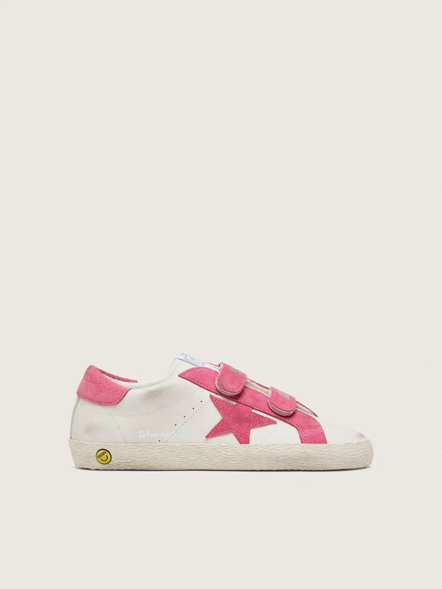 Old School junior in pelle crema con stella e inserti in suede rosa