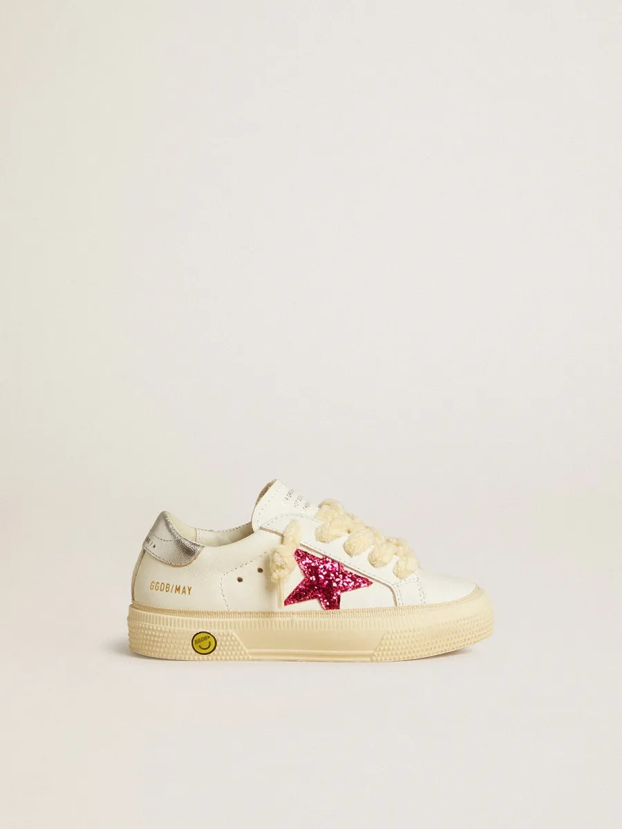 May Junior con stella in glitter fucsia e talloncino in pelle laminata