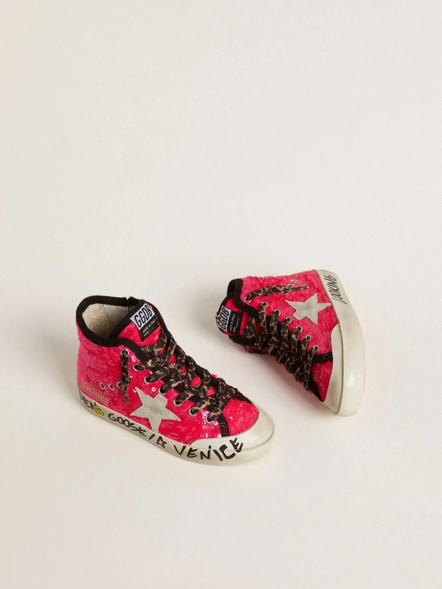 Francy Junior in paillettes con stella in suede ghiaccio e lacci animalier