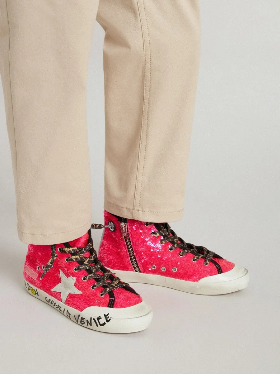 Francy Junior in paillettes con stella in suede ghiaccio e lacci animalier