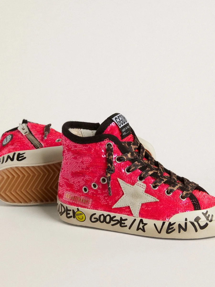 Francy Junior in paillettes con stella in suede ghiaccio e lacci animalier