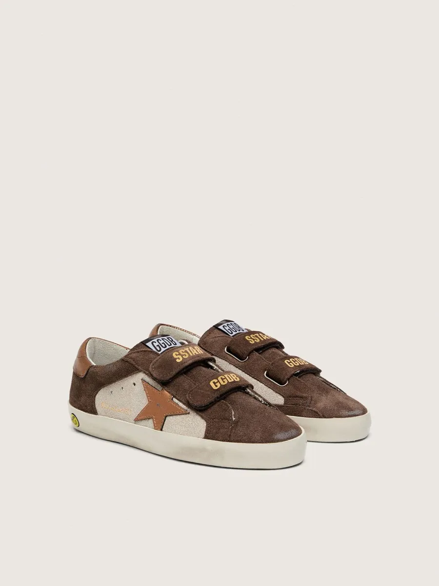 Old School junior in pelle laminata sabbia e suede marrone, con stella in pelle laminata arancione