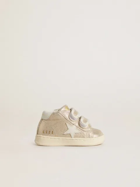 June Junior in suede laminato sabbia con stella e talloncino in pelle bianca