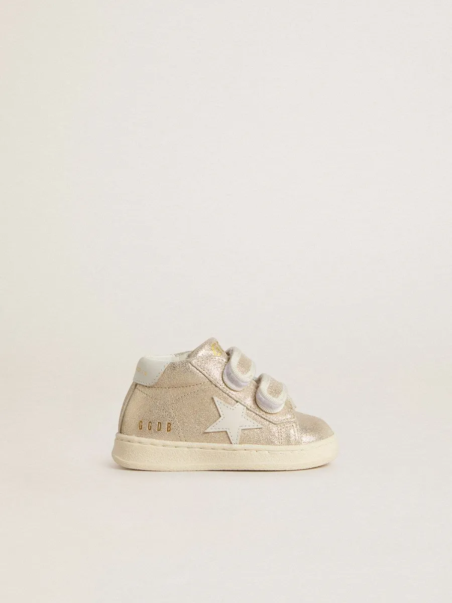 June Junior in suede laminato sabbia con stella e talloncino in pelle bianca