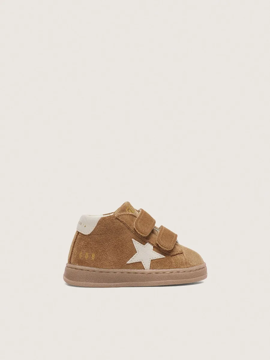 June junior in suede tabacco con stella in pelle crema
