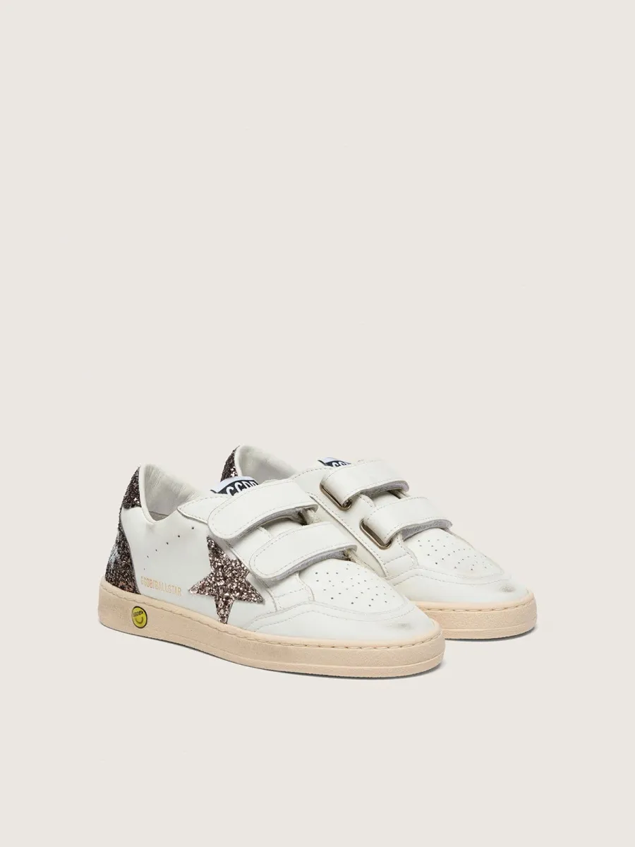 Ball Star junior in pelle bianca con stella glitter tortora e inserti in glitter marrone