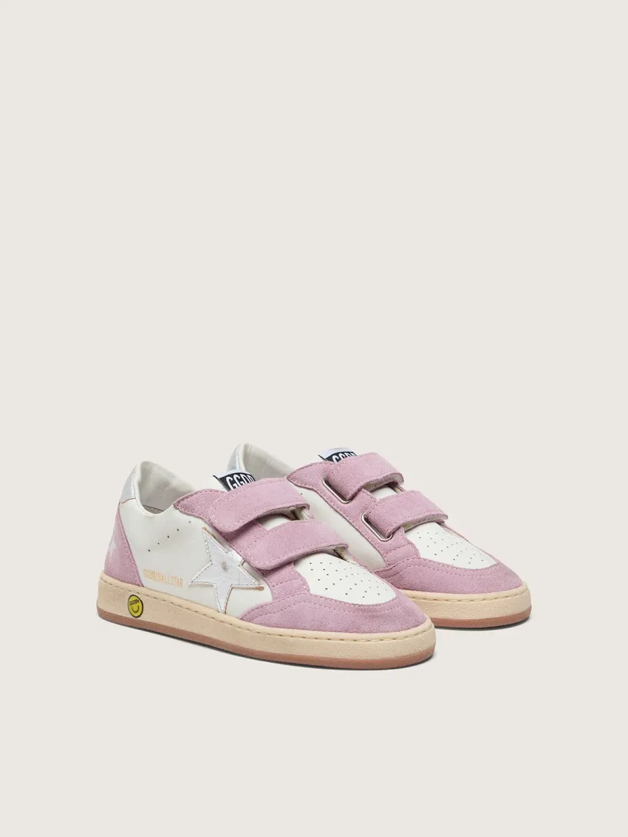 Ball Star junior in pelle bianca con stella in pelle laminata argento e inserti in suede lilla