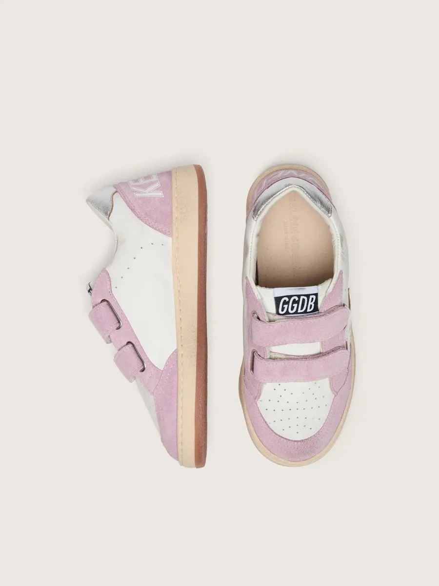 Ball Star junior in pelle bianca con stella in pelle laminata argento e inserti in suede lilla