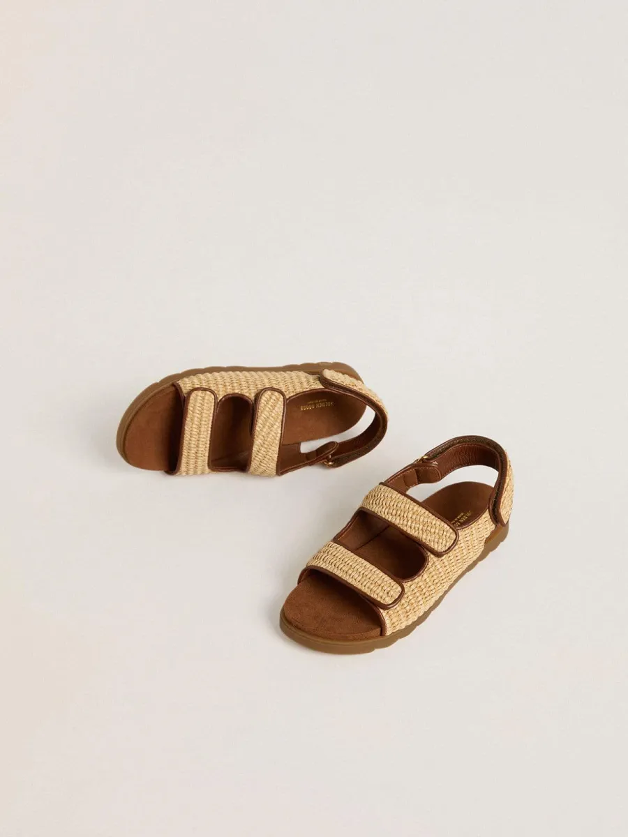 Sandali Noa Junior in rafia beige e pelle marrone