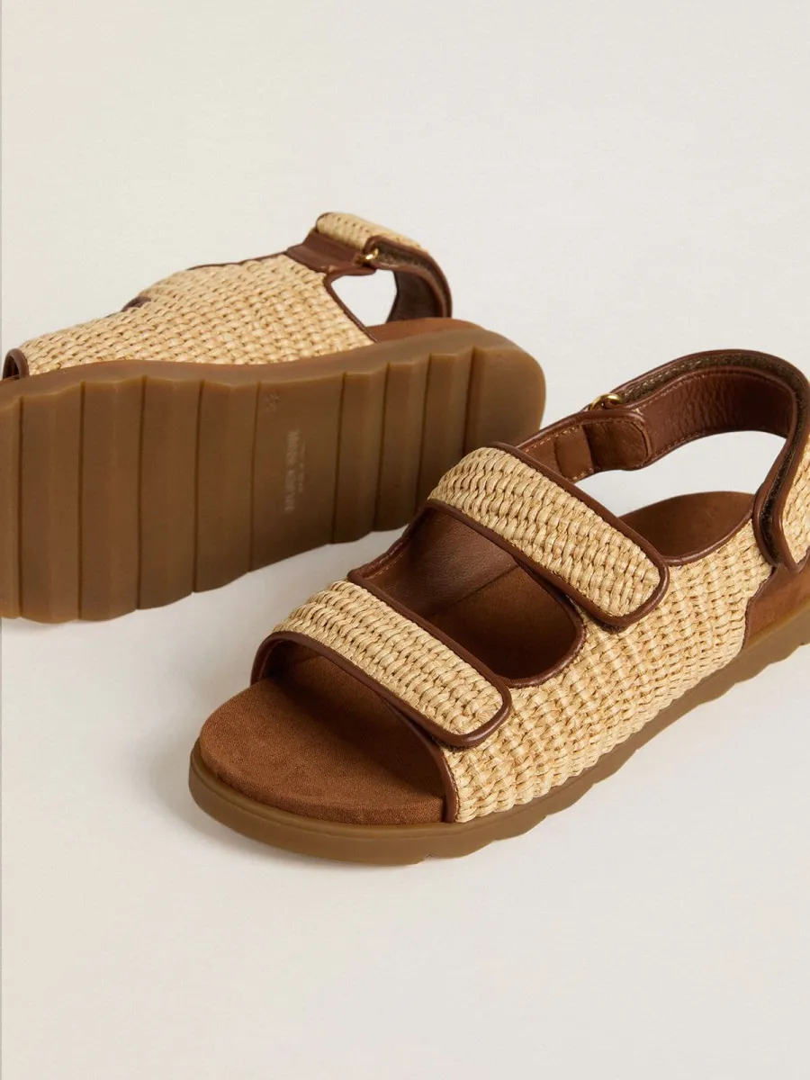 Sandali Noa Junior in rafia beige e pelle marrone