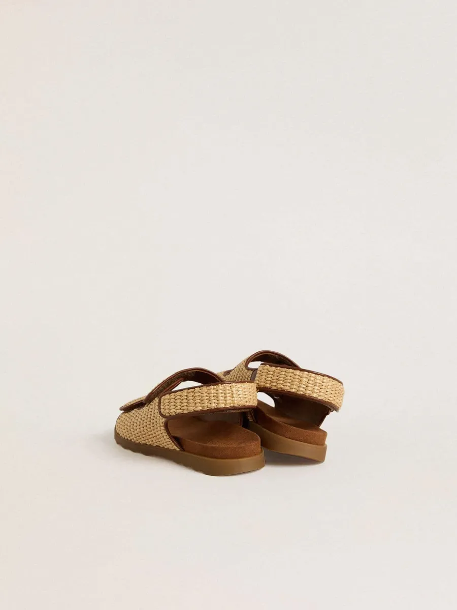 Sandali Noa Junior in rafia beige e pelle marrone