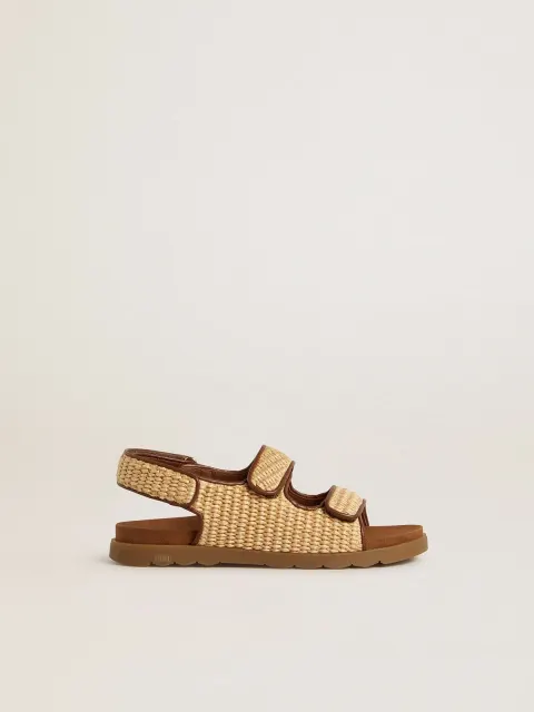 Sandali Noa Junior in rafia beige e pelle marrone