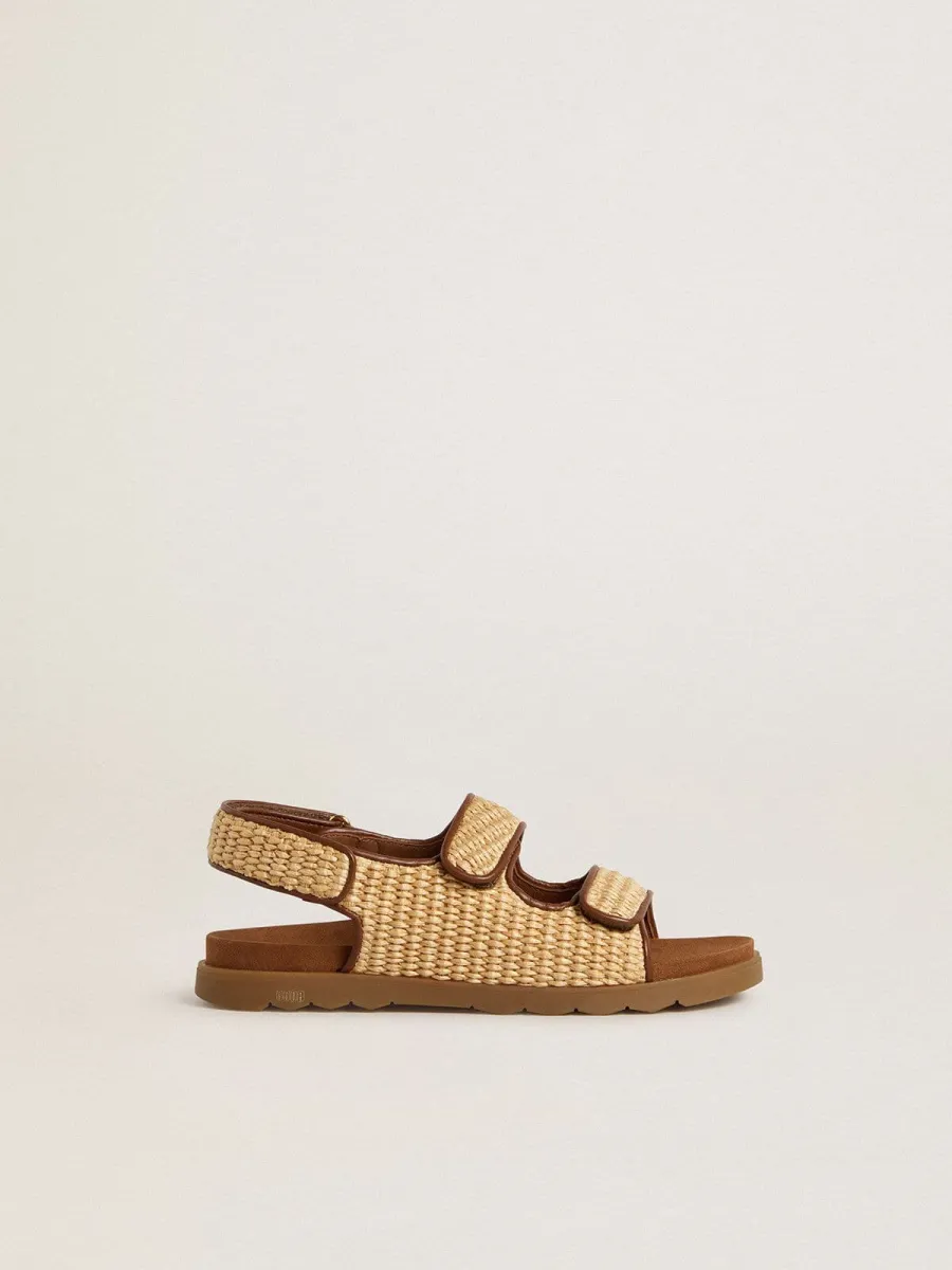 Sandali Noa Junior in rafia beige e pelle marrone