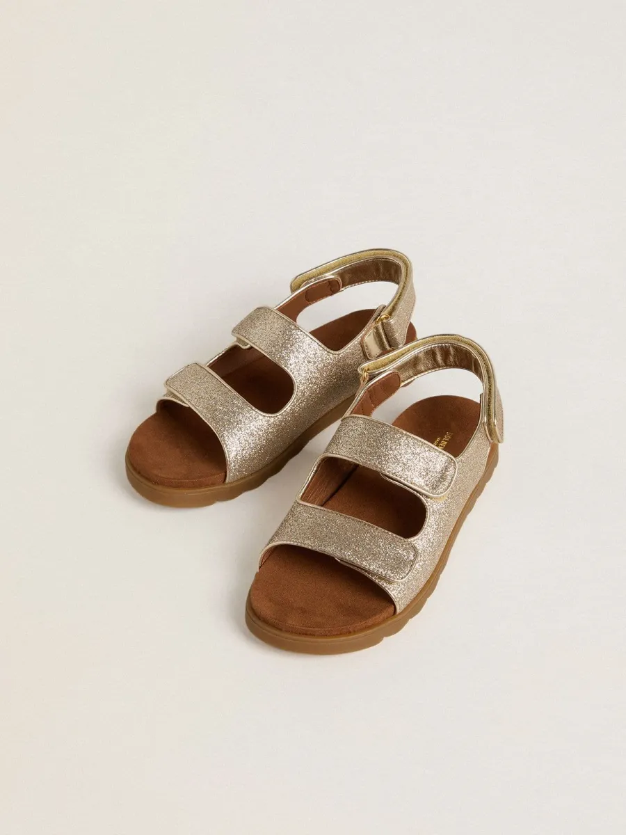 Sandali Noa Junior in micro glitter e pelle color platino