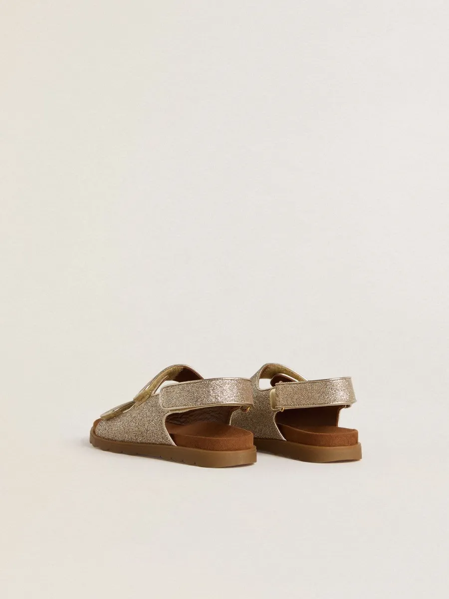 Sandali Noa Junior in micro glitter e pelle color platino