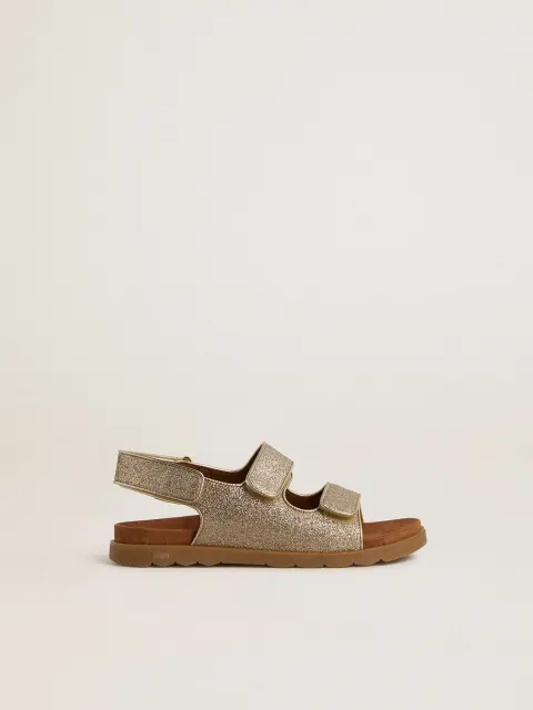 Sandali Noa Junior in micro glitter e pelle color platino