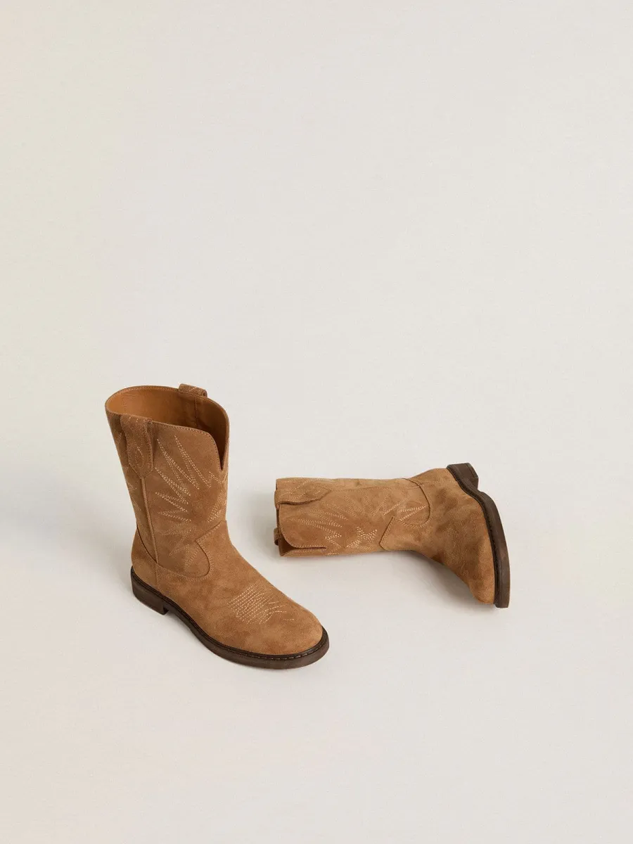 Stivali Wish Junior in suede cammello con ricamo a stella