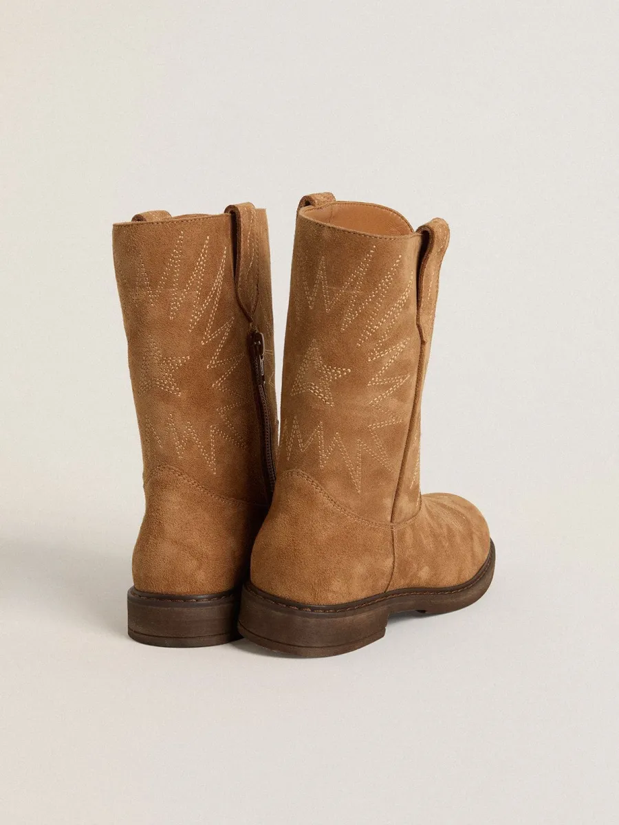 Stivali Wish Junior in suede cammello con ricamo a stella
