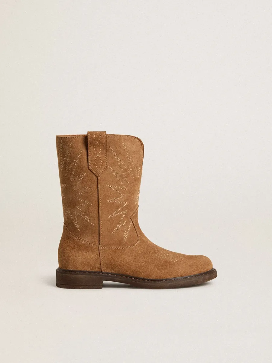 Stivali Wish Junior in suede cammello con ricamo a stella