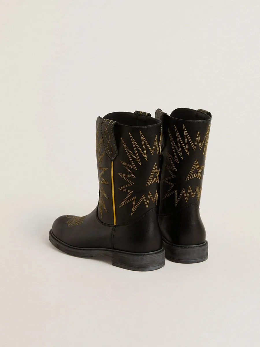 Stivali Wish Junior in pelle nera con ricamo a stella giallo