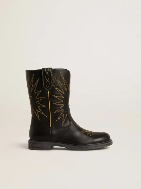 Stivali Wish Junior in pelle nera con ricamo a stella giallo