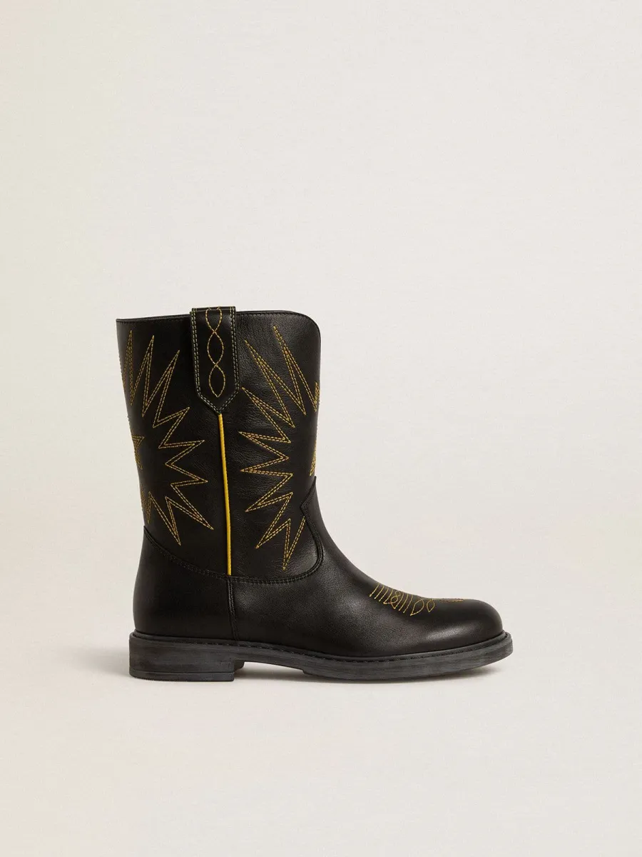 Stivali Wish Junior in pelle nera con ricamo a stella giallo