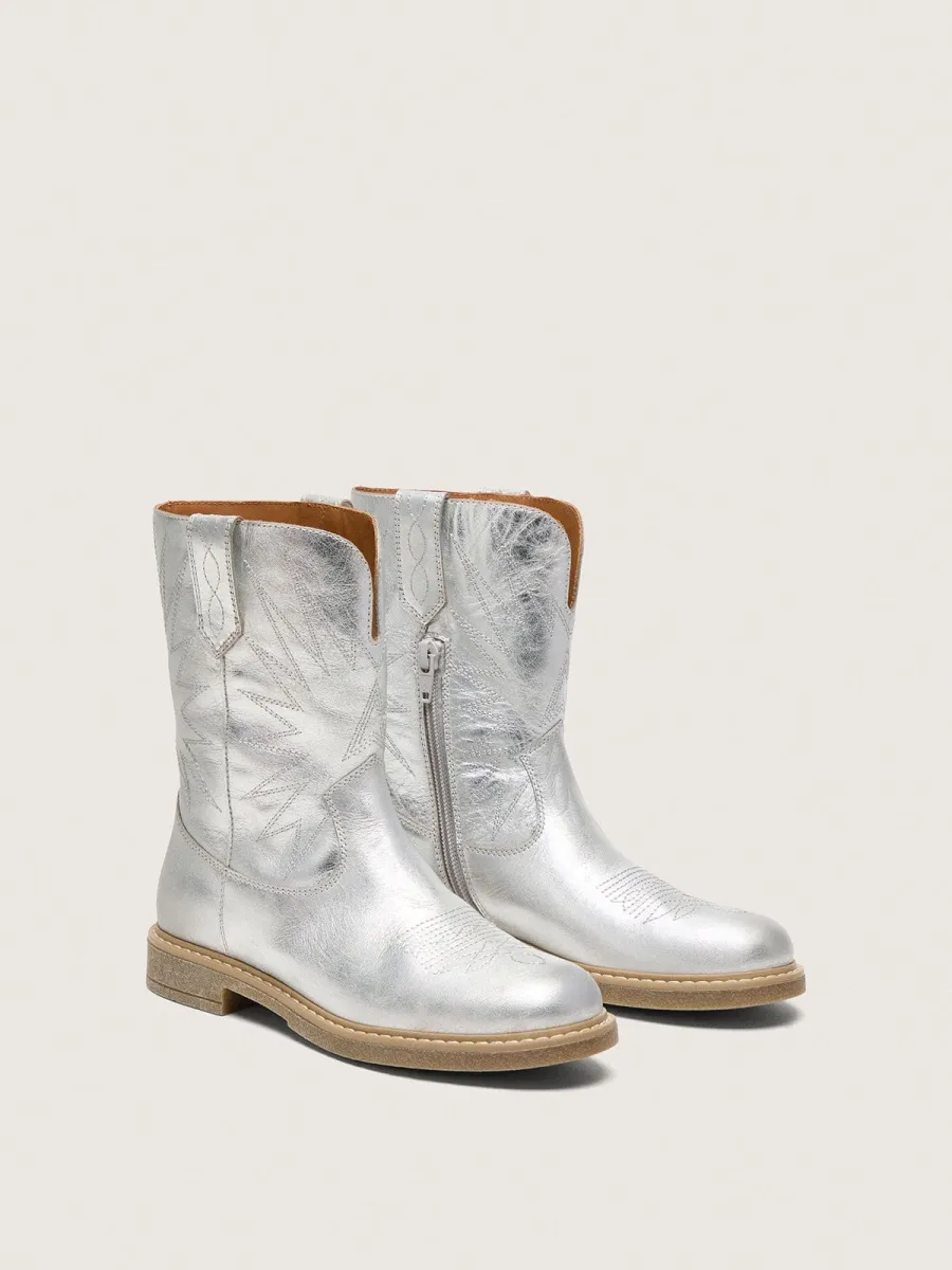 Stivali Wish Junior in pelle laminata argento con ricamo a stella