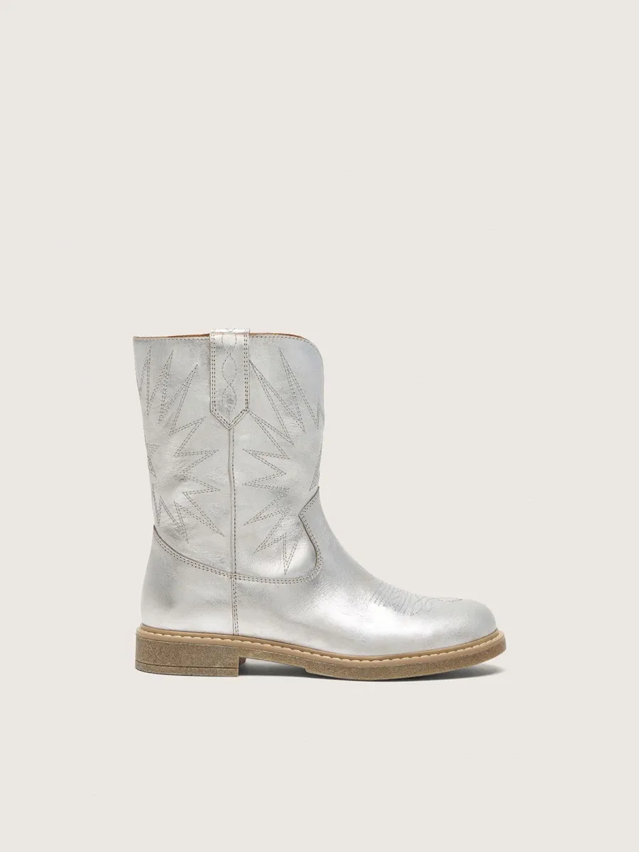 Stivali Wish Junior in pelle laminata argento con ricamo a stella