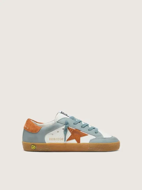 Super-Star junior in pelle bianca e azzurro ghiaccio con stella in suede arancione
