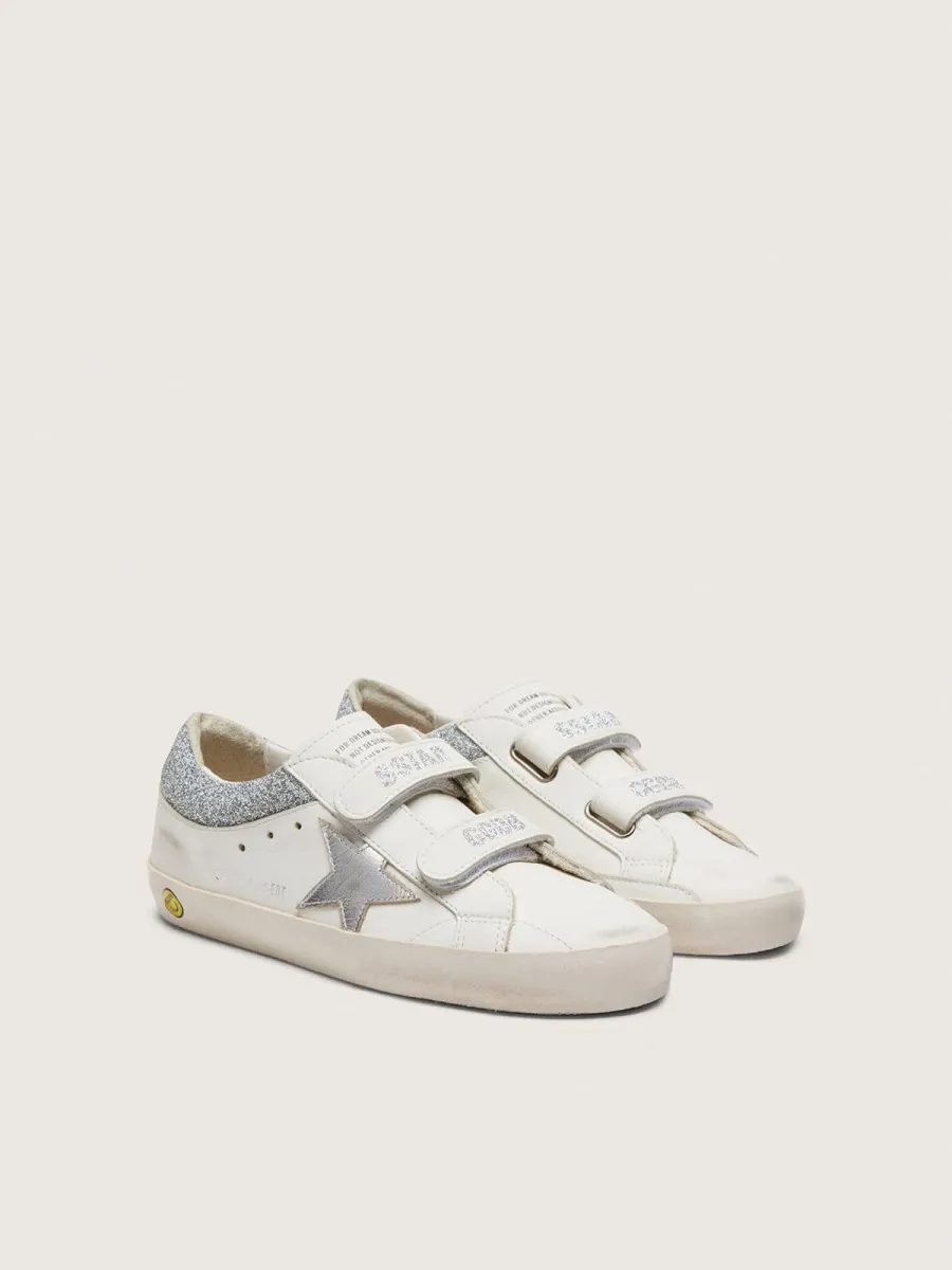 Old School junior in pelle bianca con stella in pelle laminata argento e inserti con cristalli argento